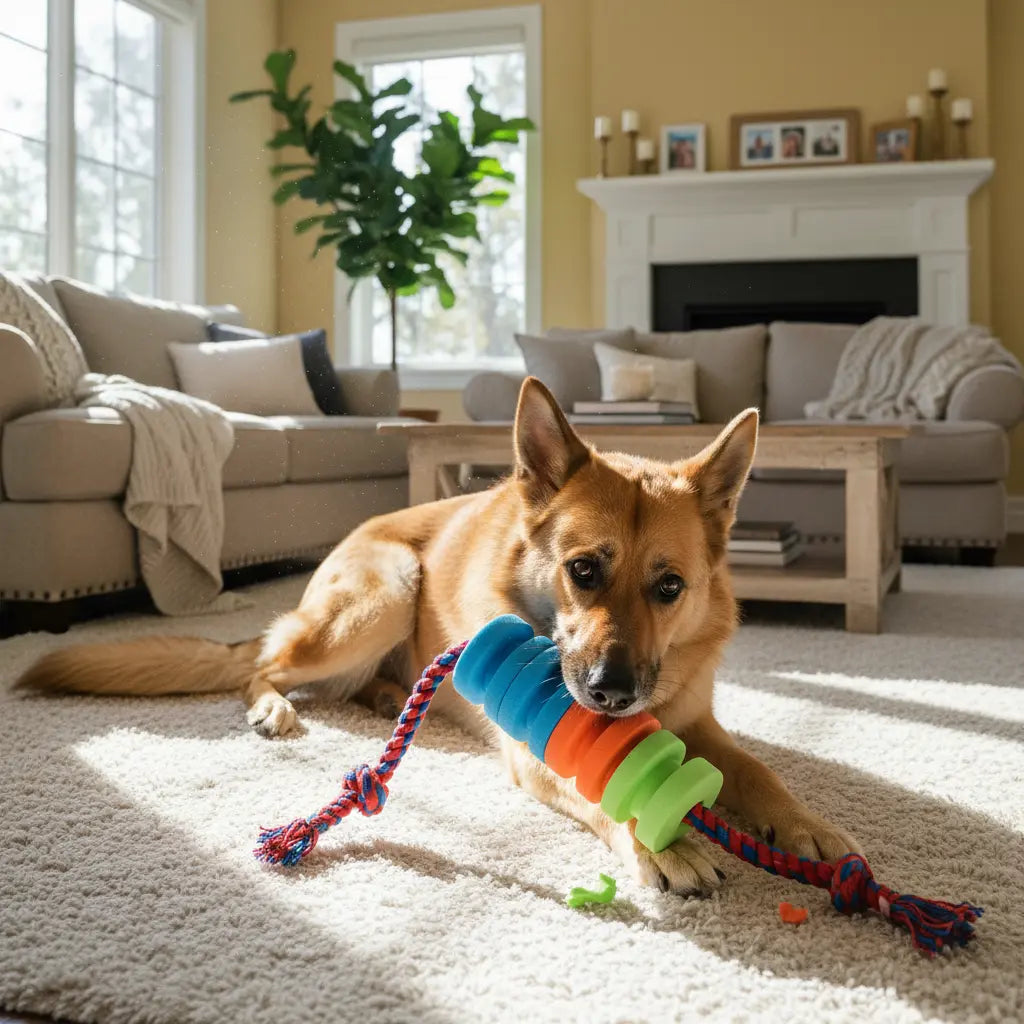 Large dog happily chewing EVA biting stick with rope