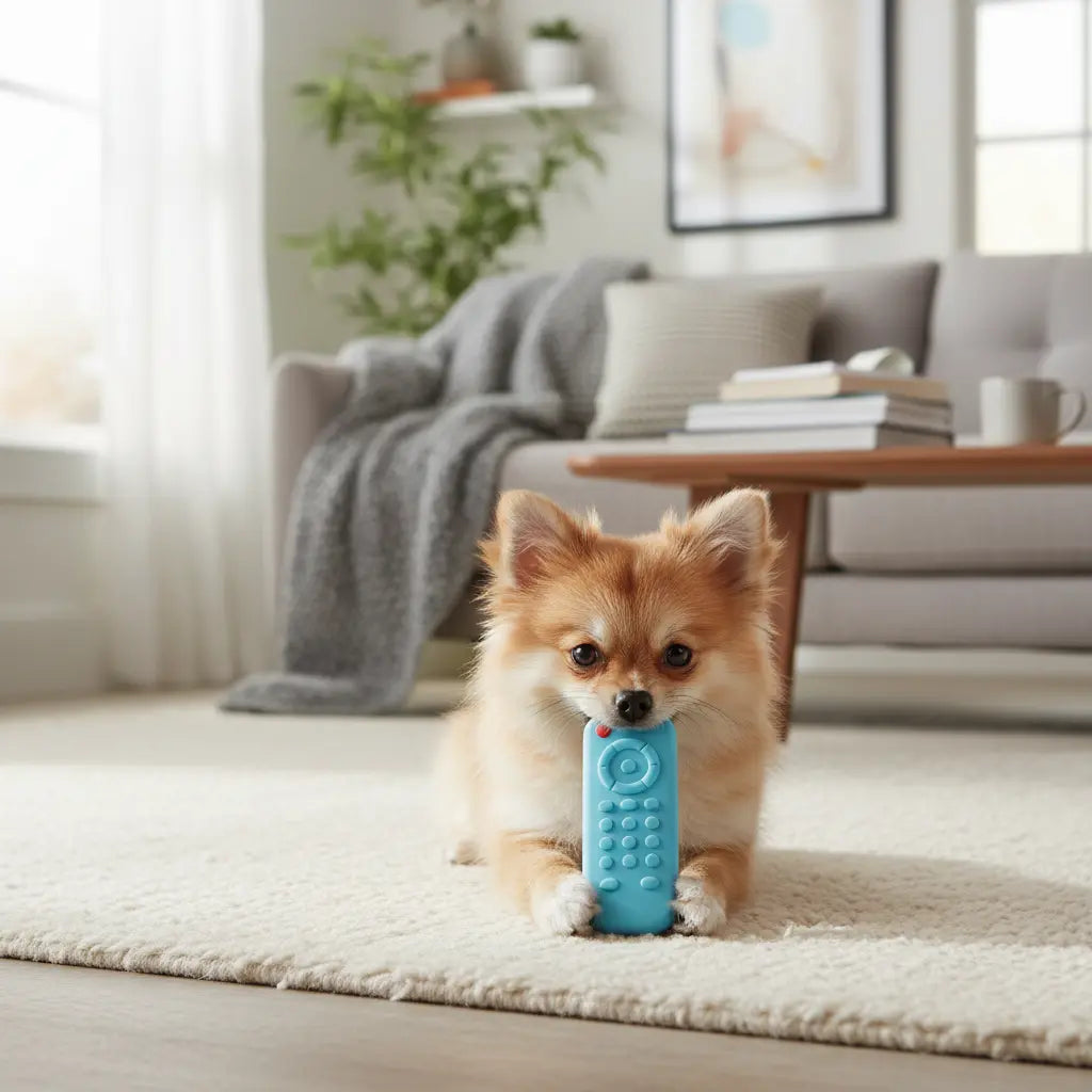 Puppy playing with silicone remote control chew toy